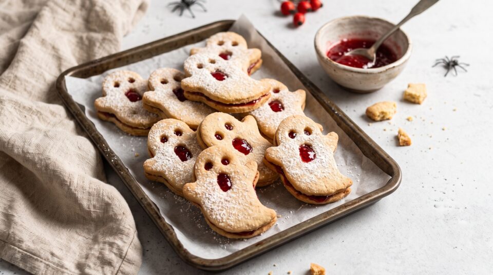 biscotti di pasta frolla a forma di fantasma per Halloween. I biscotti sono farciti con marmellata rossa che fuoriesce dai buchi degli occhi e della bocca, spolverati di zucchero a velo.