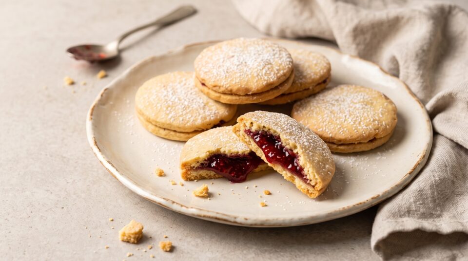 Biscotti di pasta frolla tondi ripieni di marmellata rossa, con un biscotto spezzato a metà su un tavolo chiaro e pulito.