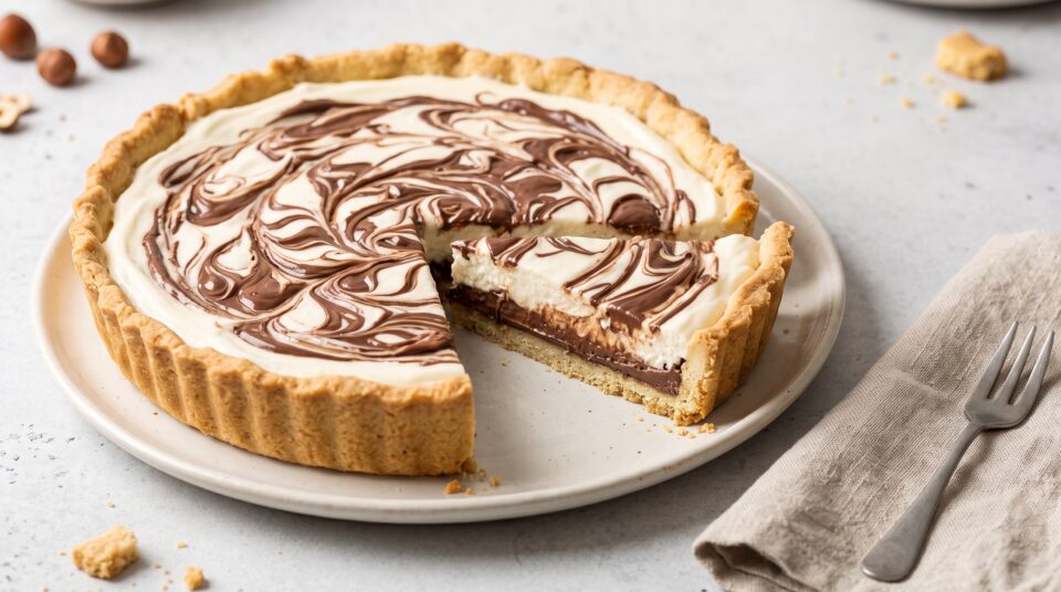 Crostata cheesecake con crema bianca e vortici di Nutella, con una fetta tagliata che mostra il ripieno, servita su un tavolo chiaro con forchettina e tovagliolo.