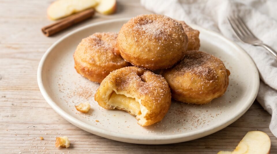 Un piatto pieno di frittelle di mele tonde e gonfie, ricoperte di zucchero semolato e cannella.