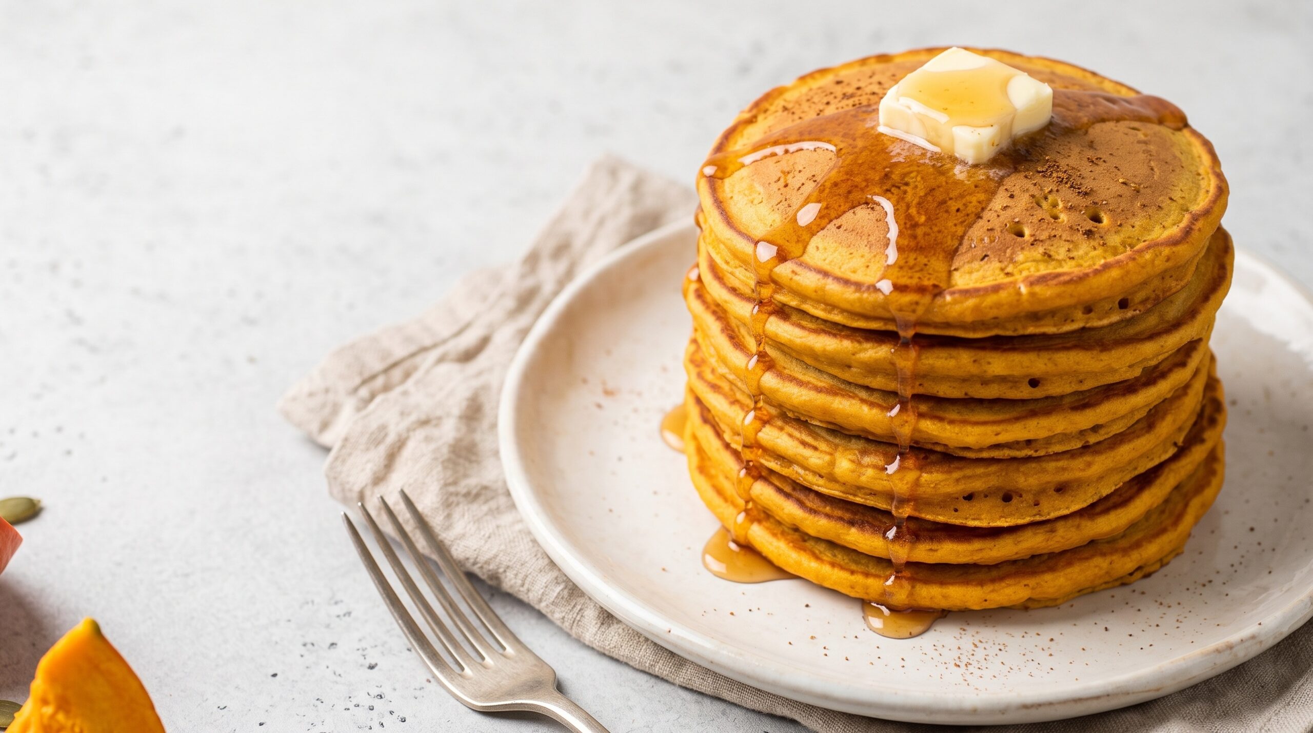 Una golosa torre di pancake alla zucca soffici e alti, impilati su un piatto in ceramica. Dalla cima cola abbondante sciroppo d'acero e una noce di burro che si scioglie.