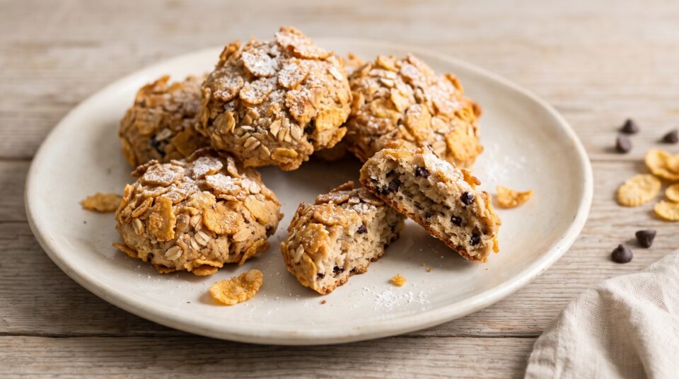 Dei golosissimi biscotti rose del deserto appena cotti, ricoperti di cornflakes croccanti e gocce di cioccolato, spolverati di zucchero a velo. 