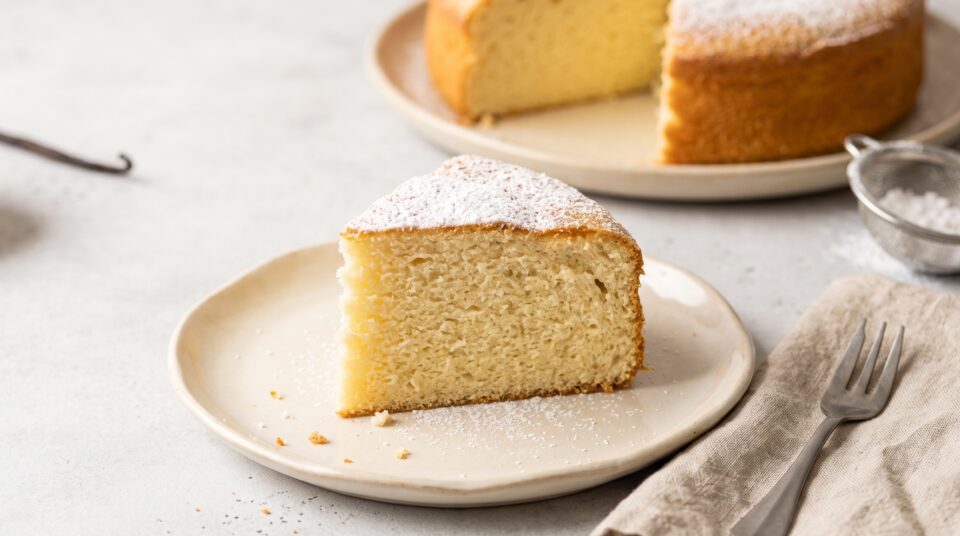 Una fetta morbidissima e spugnosa di torta 5 minuti su un piatto chiaro, spolverata di zucchero a velo. Sullo sfondo la torta intera appoggiata su un tavolo luminoso.