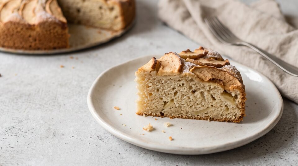 Una fetta di torta di mele all'acqua, soffice e leggera, su un piattino chiaro.