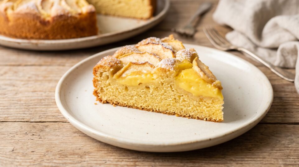 Una torta soffice su un tagliere di legno rustico, decorata in superficie con fettine di mela a raggiera e pozzanghere di densa crema pasticcera cotta. 