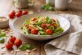 Pasta di piselli con pomodorini e scaglie di mandorle: il primo sano e proteico che conquista