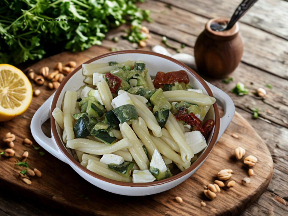 Pasta con zucchine, primo sale e pomodori secchi