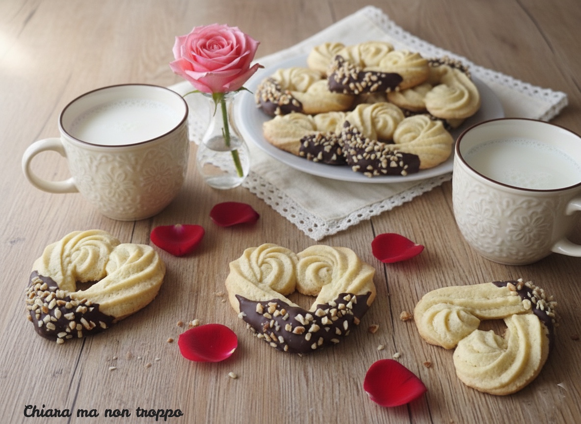 Biscotti di frolla montata a forma di cuore decorati con cioccolato fondente fuso e granella di nocciole