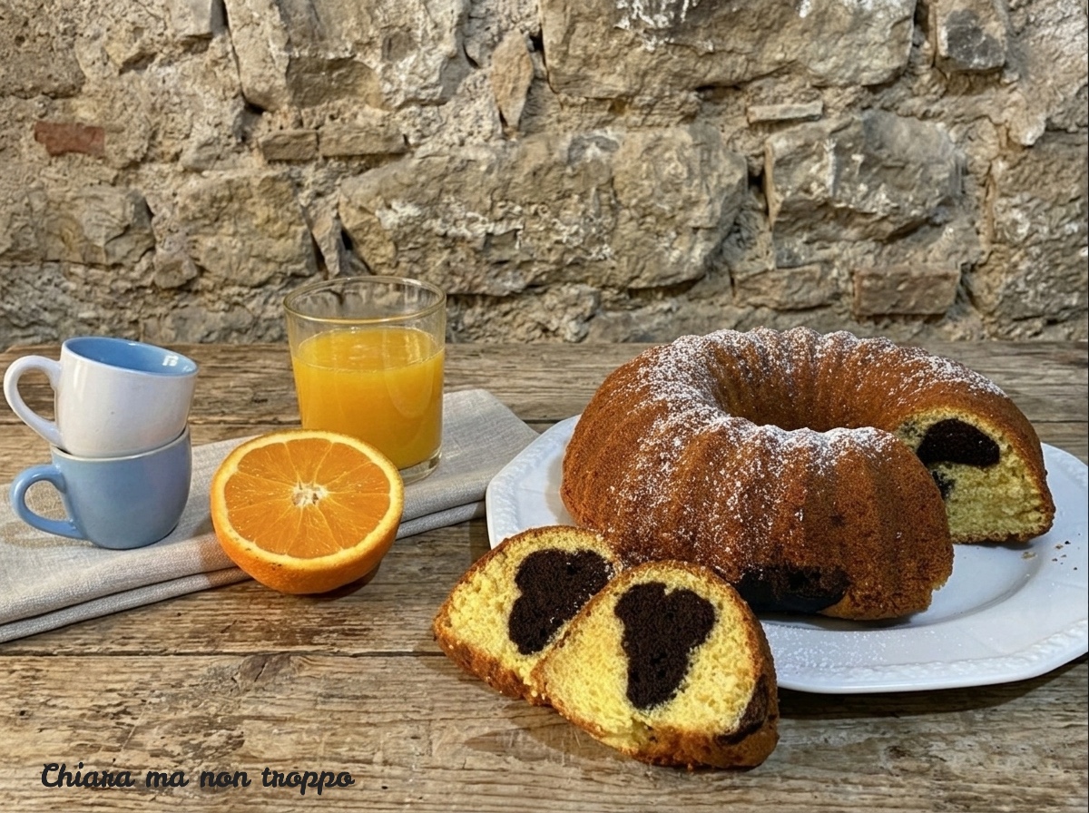 Ciambellone bicolore variegato al cacao con fette tagliate su un tavolo rustico in legno accanto a un'arancia tagliata a metà e una spremuta d'arancia