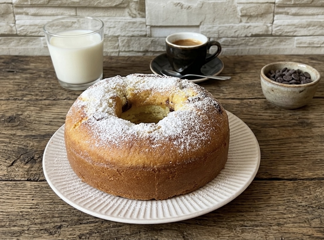 Un ciambellone alto e soffice spolverizzato con zucchero a velo, servito su un piatto bianco su un tavolo di legno scuro, accompagnato da un bicchiere di latte e una tazzina di caffè sullo sfondo.