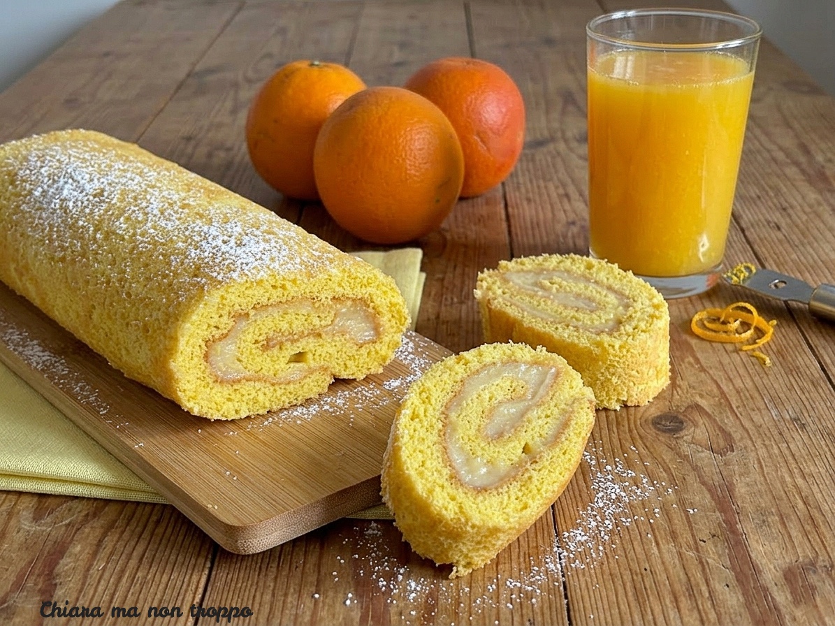 Rotolo all'arancia spolverizzato con zucchero a velo, tagliato a fette su un tagliere di legno, con arance intere e un bicchiere di succo d'arancia sullo sfondo