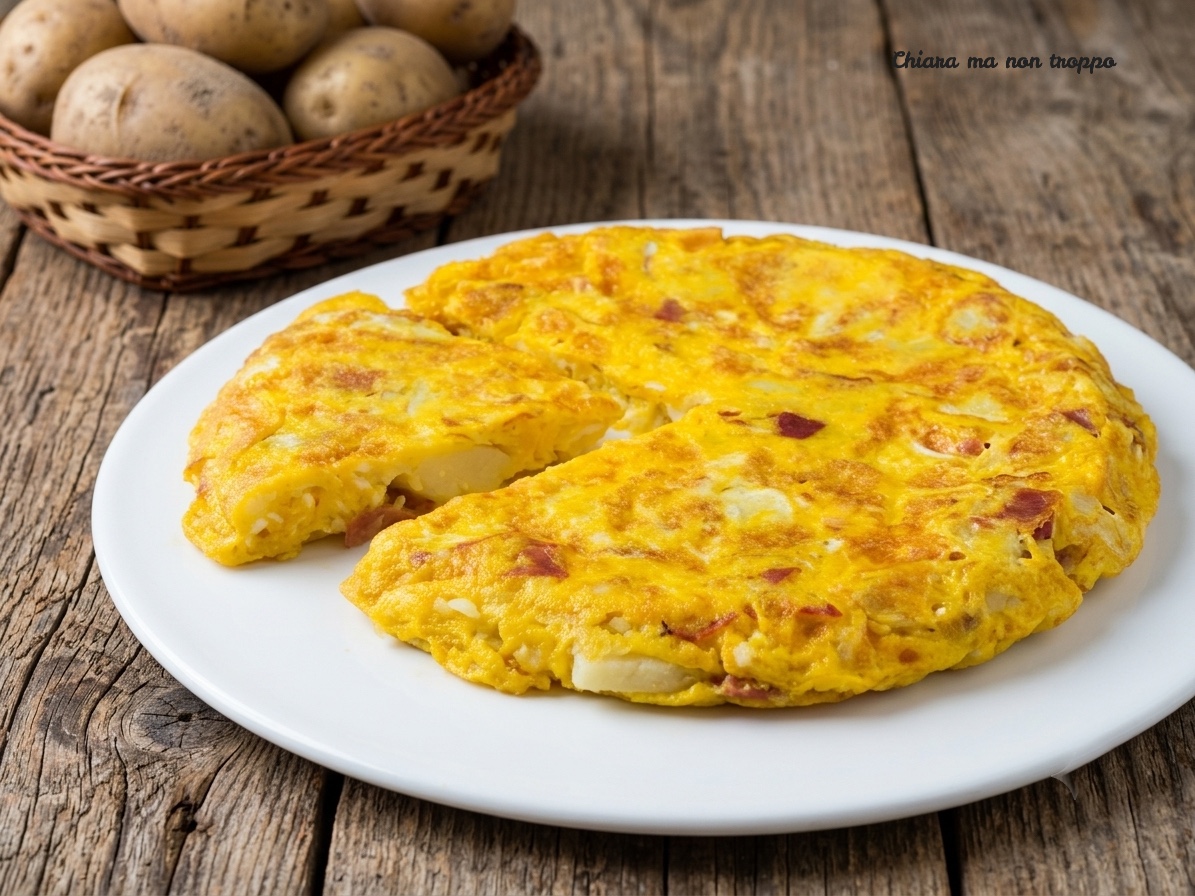 Una frittata di patate e speck tagliata a fette su un piatto bianco su una tavola di legno rustica con un cesto di patate crude sullo sfondo