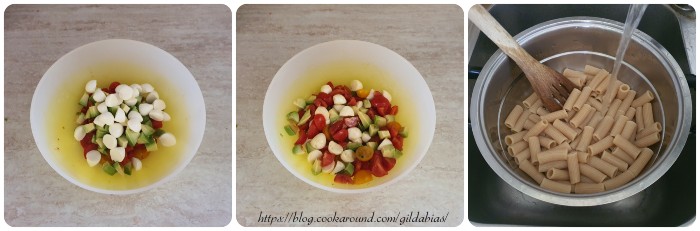 insalata di pasta con pomodori, mozzarella e avocado