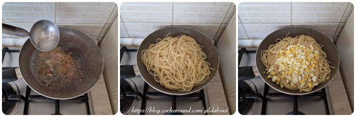 spaghetti aglio e olio con acciughe e uova sode