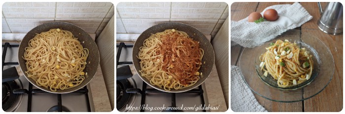 spaghetti aglio e olio con acciughe e uova sode