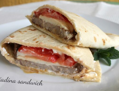 Piadina sandwich ripiena di carne, mozzarella e pomodoro