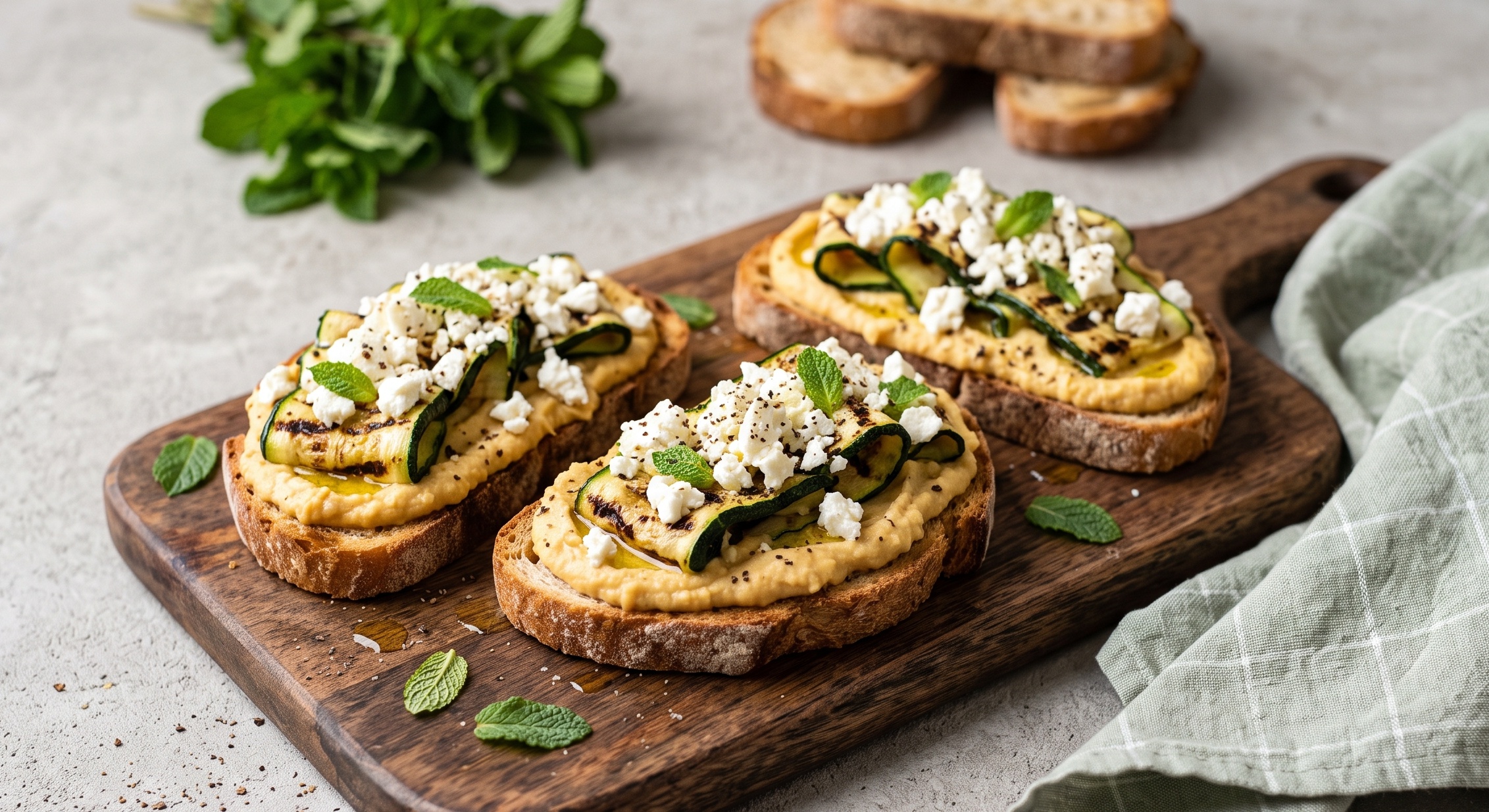 Bruschette con hummus di ceci, zucchine grigliate e feta sbriciolata