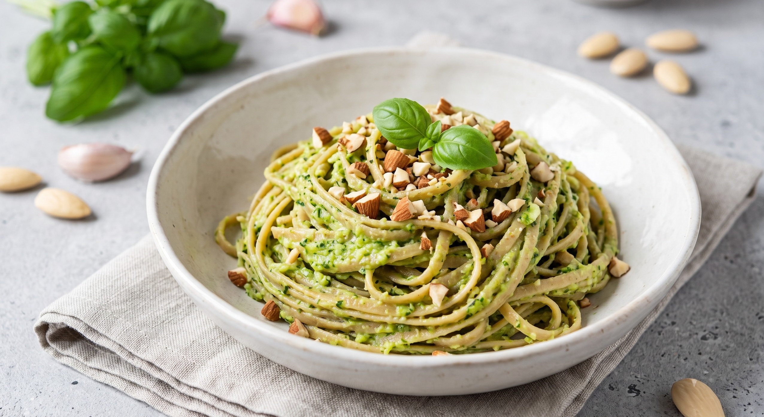 pasta integrale con pesto di zucchine crude, mandorle e basilico.
