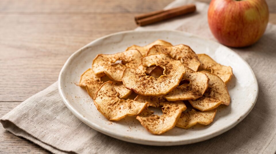 Chips di mela croccanti e sottili spolverate di cannella, in una ciotolina di legno di fianco a una friggitrice ad aria.