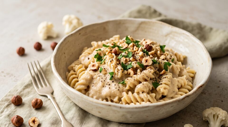 Piatto di pasta con crema vellutata di cavolfiore senza panna e granella di nocciole tostate.