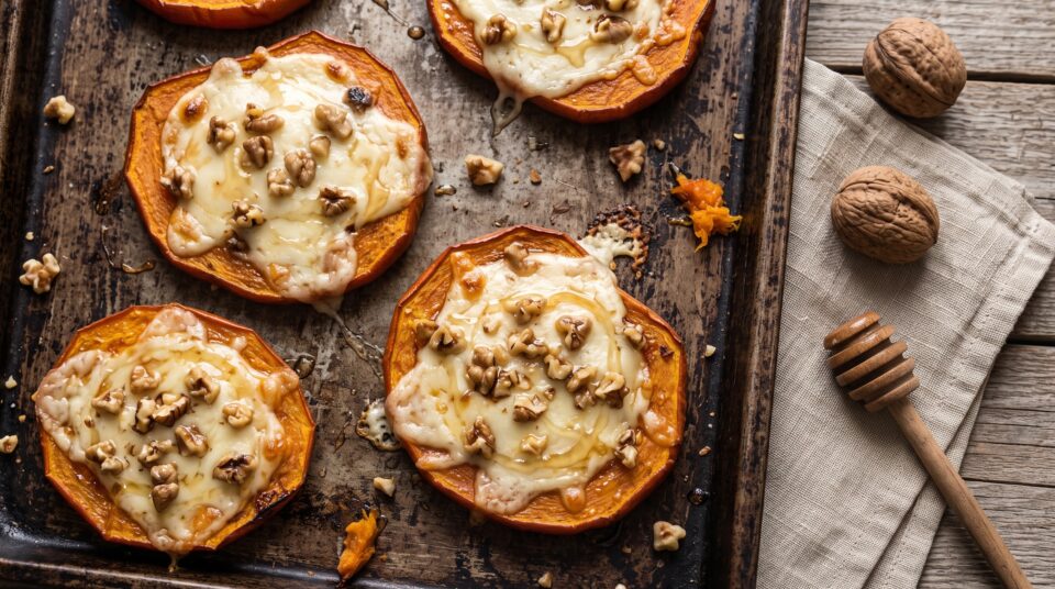 Pizzette di zucca con scamorza, noci e miele in friggitrice ad aria