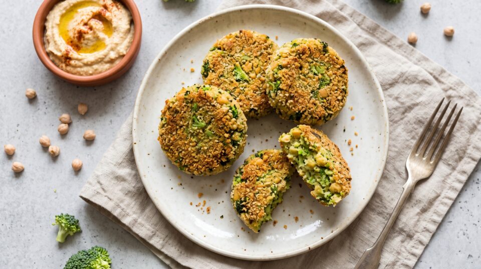 Polpette croccanti di broccoli e ceci senza uova, appena cotte in friggitrice ad aria e servite con salsa allo yogurt.