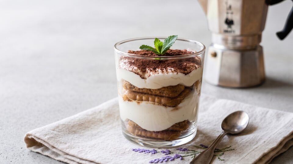 Tiramisù fit in un bicchiere di vetro con strati di yogurt greco, biscotti Oro Saiwa e cacao in superficie