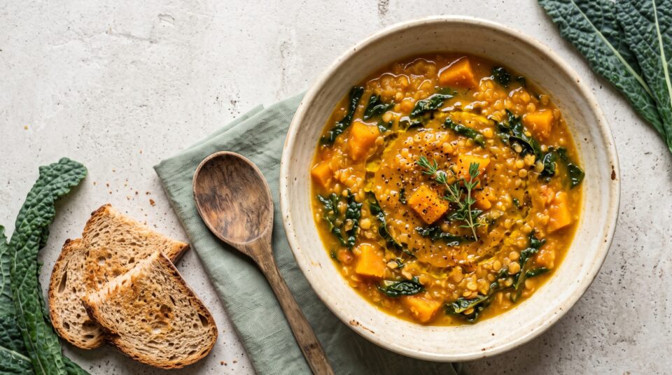 Zuppa cremosa di zucca con lenticchie rosse e cavolo nero in ciotola