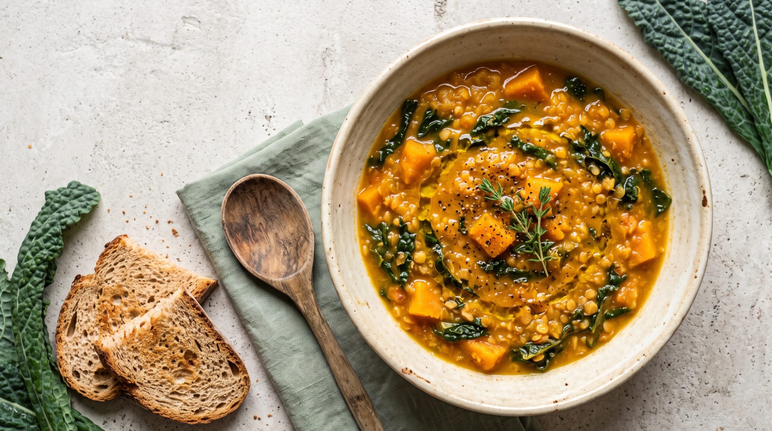 Zuppa cremosa di zucca con lenticchie rosse e cavolo nero in ciotola