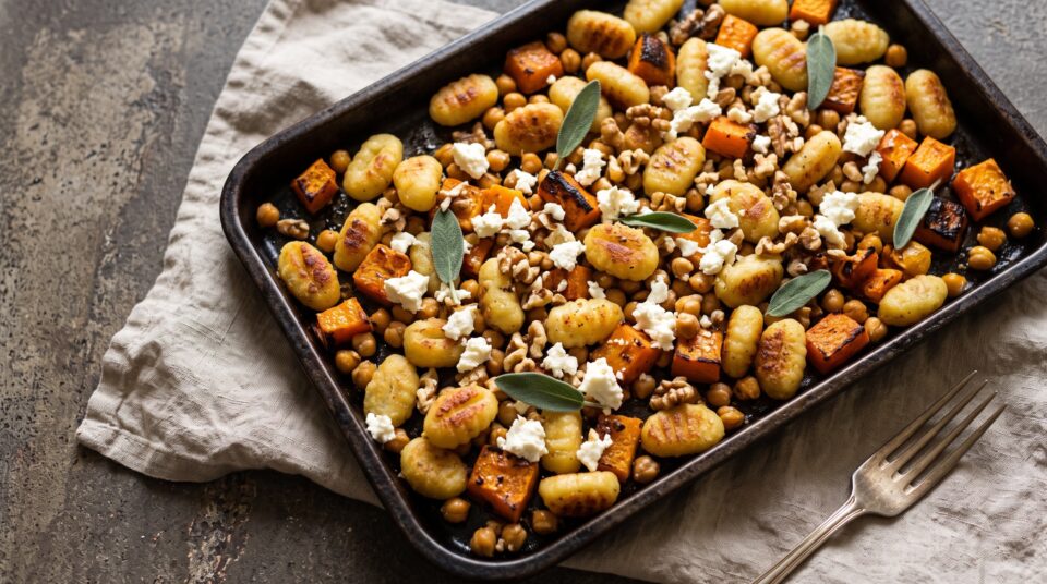 Gnocchi "tutto in teglia" autunnali, con zucca, ceci e feta