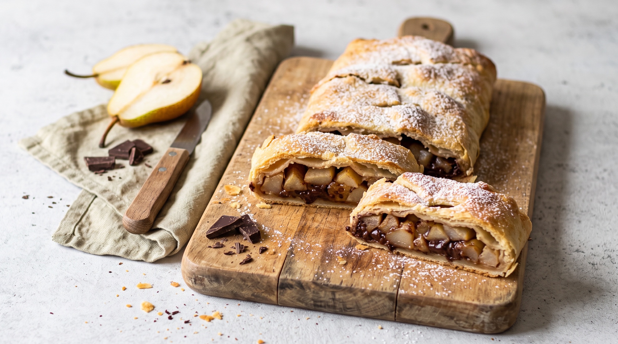 Strudel di pere e cioccolato a fette, con il ripieno visibile