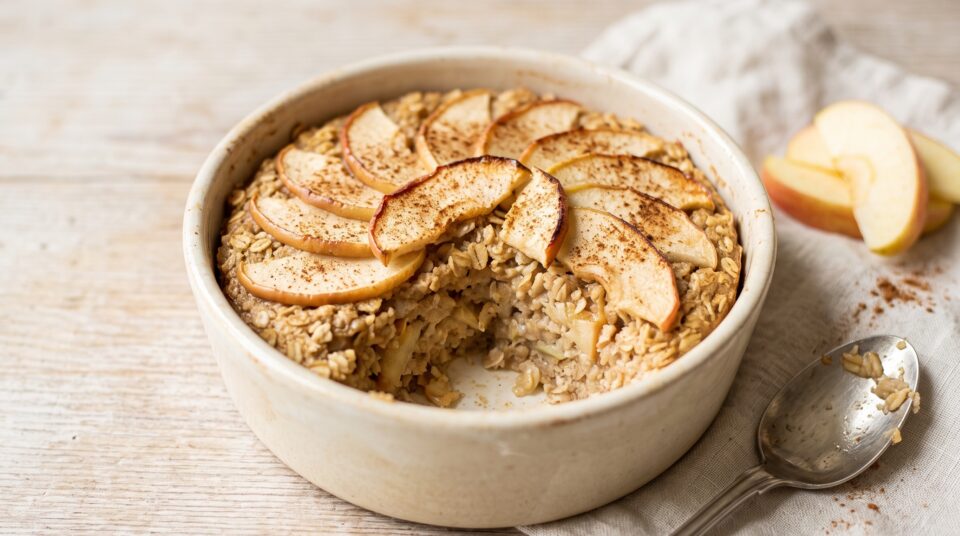 Baked porridge alle mele con fettine di mela dorate e cannella in una pirofila con un cucchiaio
