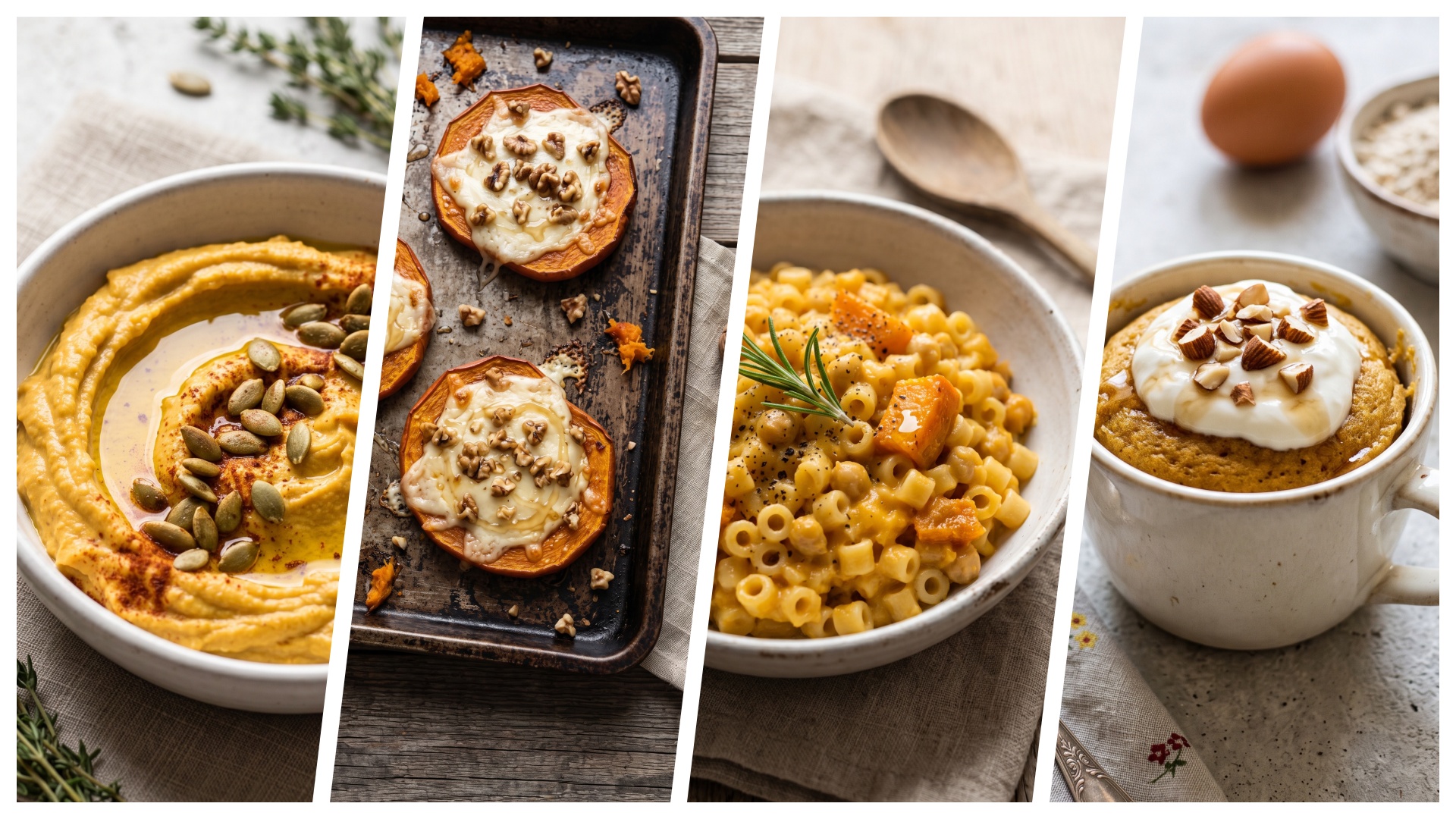 Collage di piatti a base di zucca: vellutata, pasta, chips e dolce