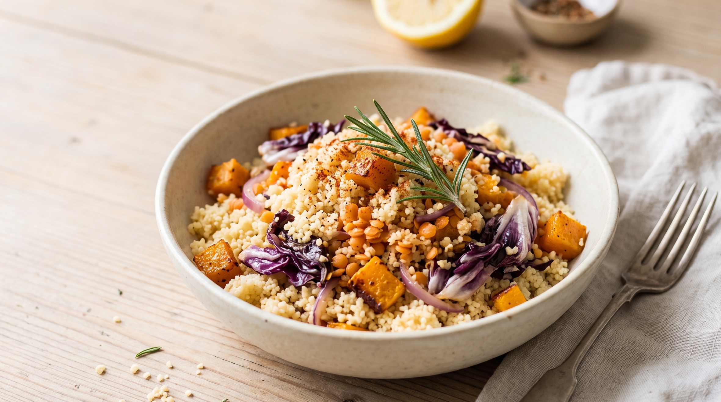 Cous cous autunnale con zucca a cubetti, radicchio e lenticchie rosse in una ciotola con rosmarino