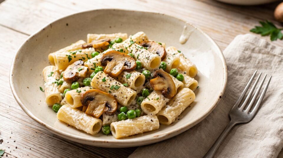 Pasta alla boscaiola cremosa con funghi, piselli e ricotta in un piatto, con prezzemolo e pepe