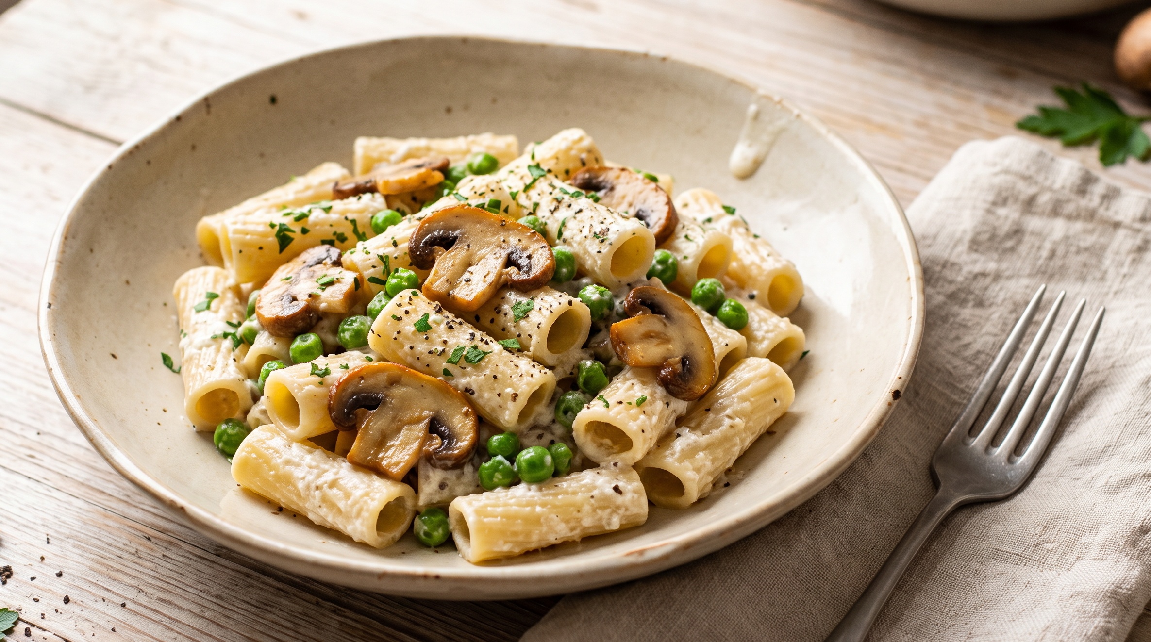 Pasta alla boscaiola cremosa con funghi, piselli e ricotta in un piatto, con prezzemolo e pepe