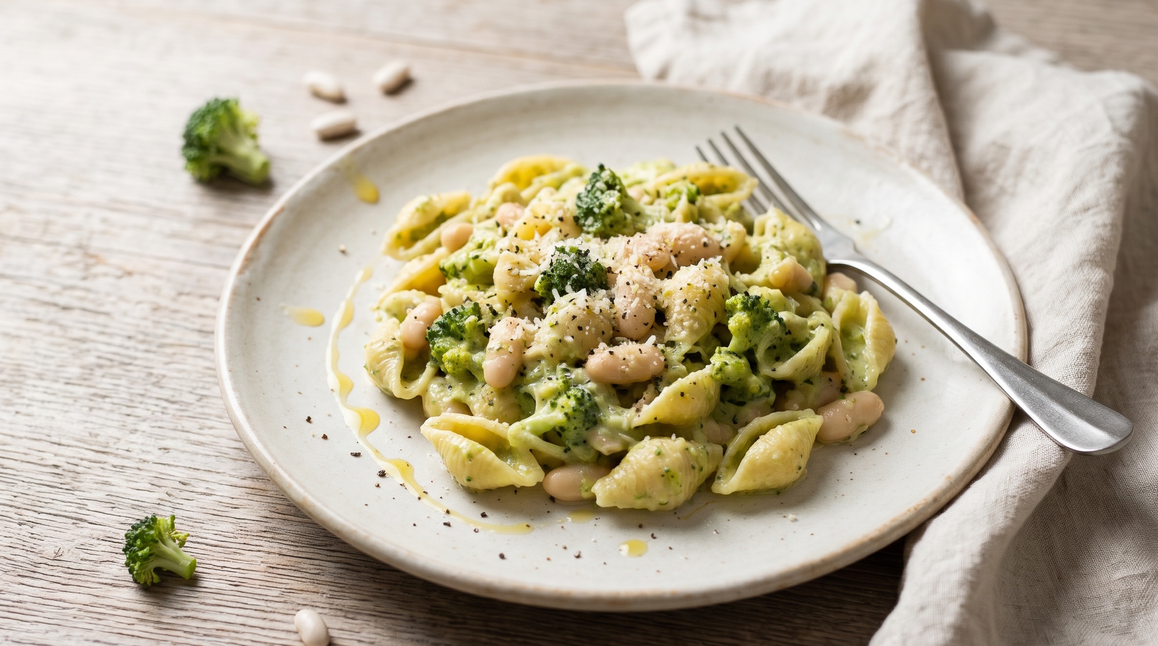 Pasta con crema di broccoli e cannellini in un piatto con cimette di broccoli e fagioli interi