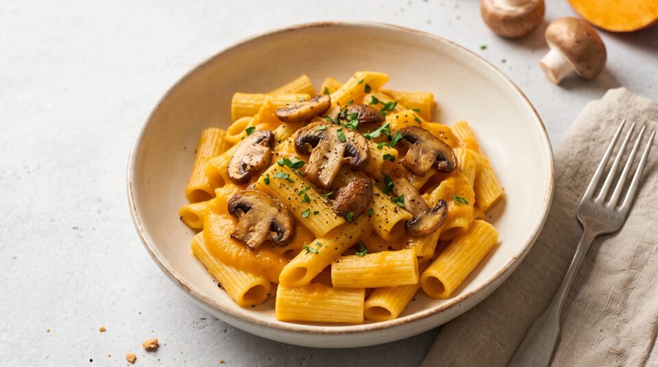 Pasta con crema di zucca arancione, funghi dorati e prezzemolo in una ciotola
