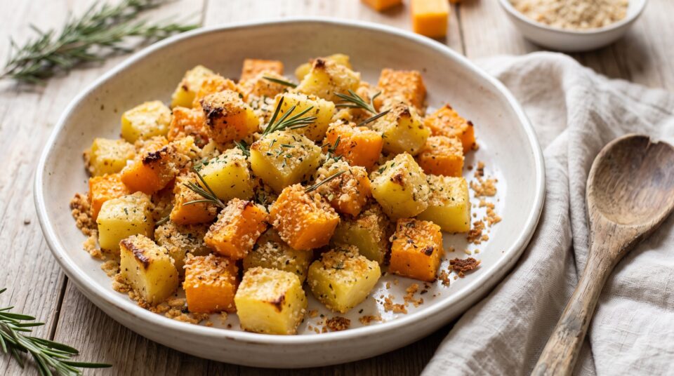 Patate e zucca sabbiose al forno in una teglia, con panatura dorata e rosmarino