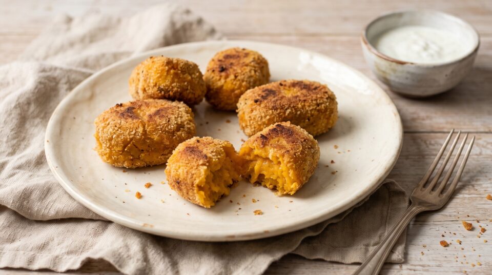 Polpette di zucca e patate croccanti con una polpetta spezzata e una ciotolina di salsa allo yogurt