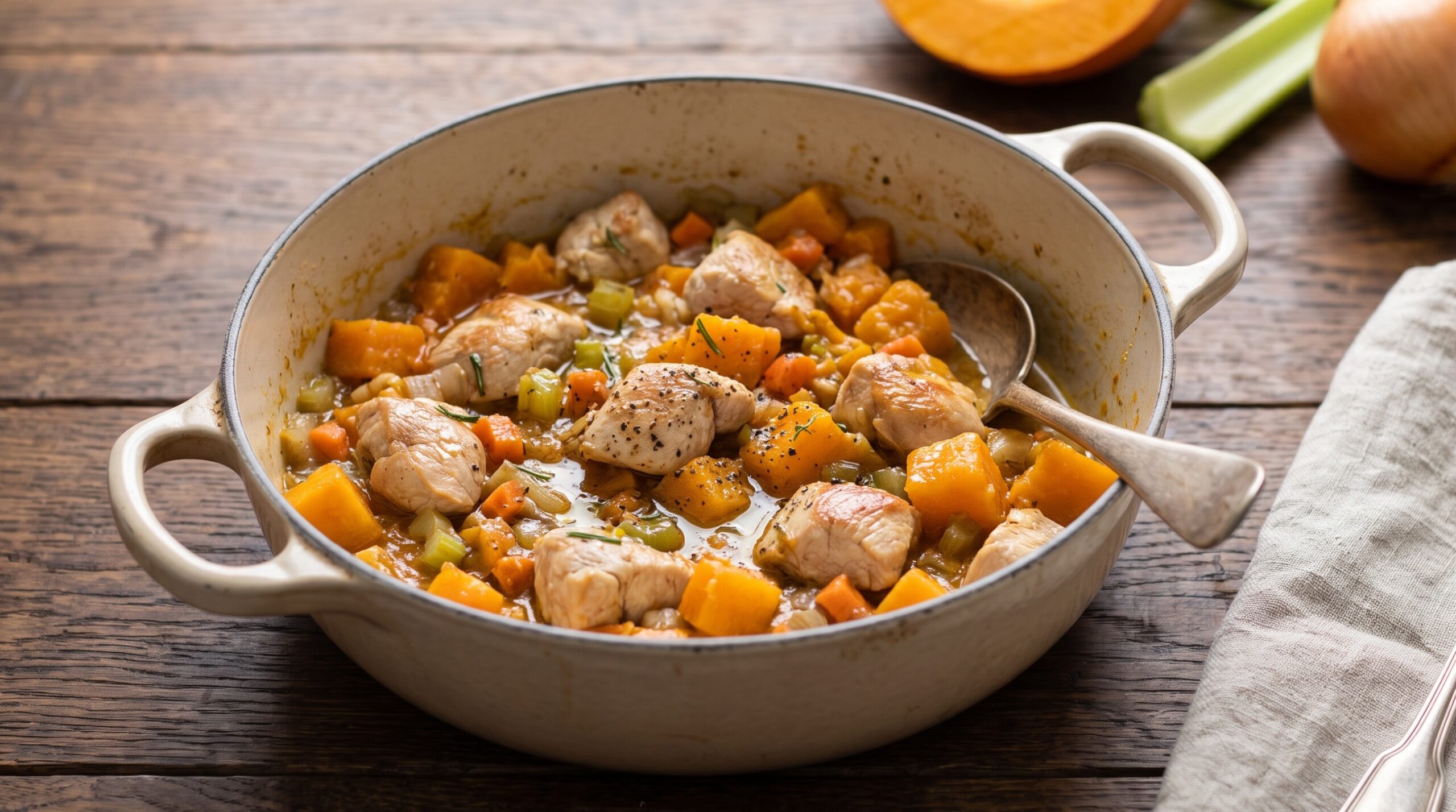 Spezzatino di tacchino con zucca e verdure in casseruola