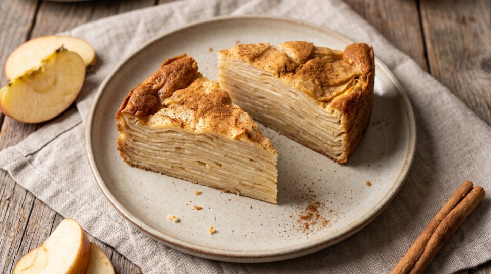 Fetta di torta di mele invisibile con gli strati sottili di mela ben visibili