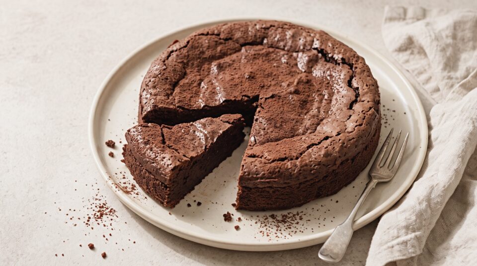 Torta tenerina fit ricotta e cioccolato con una fetta tagliata che mostra il centro umido