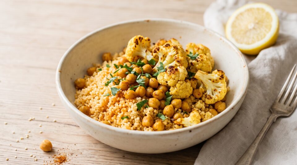 Cous cous con cavolfiore speziato e ceci dorati in una ciotola con prezzemolo e limone