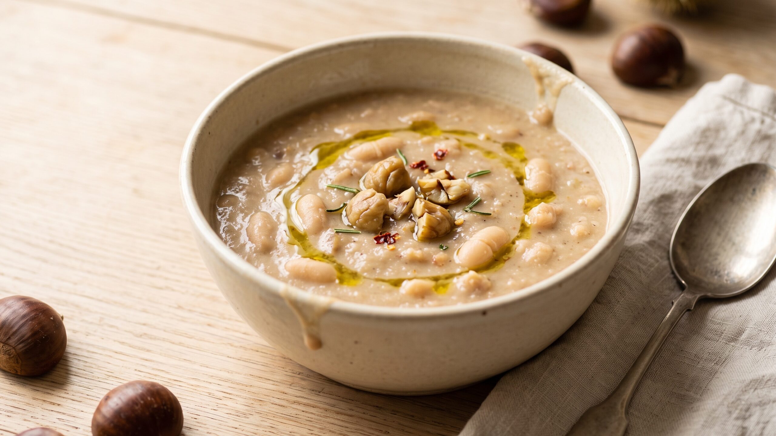 Zuppa cremosa di cannellini e castagne, senza panna
