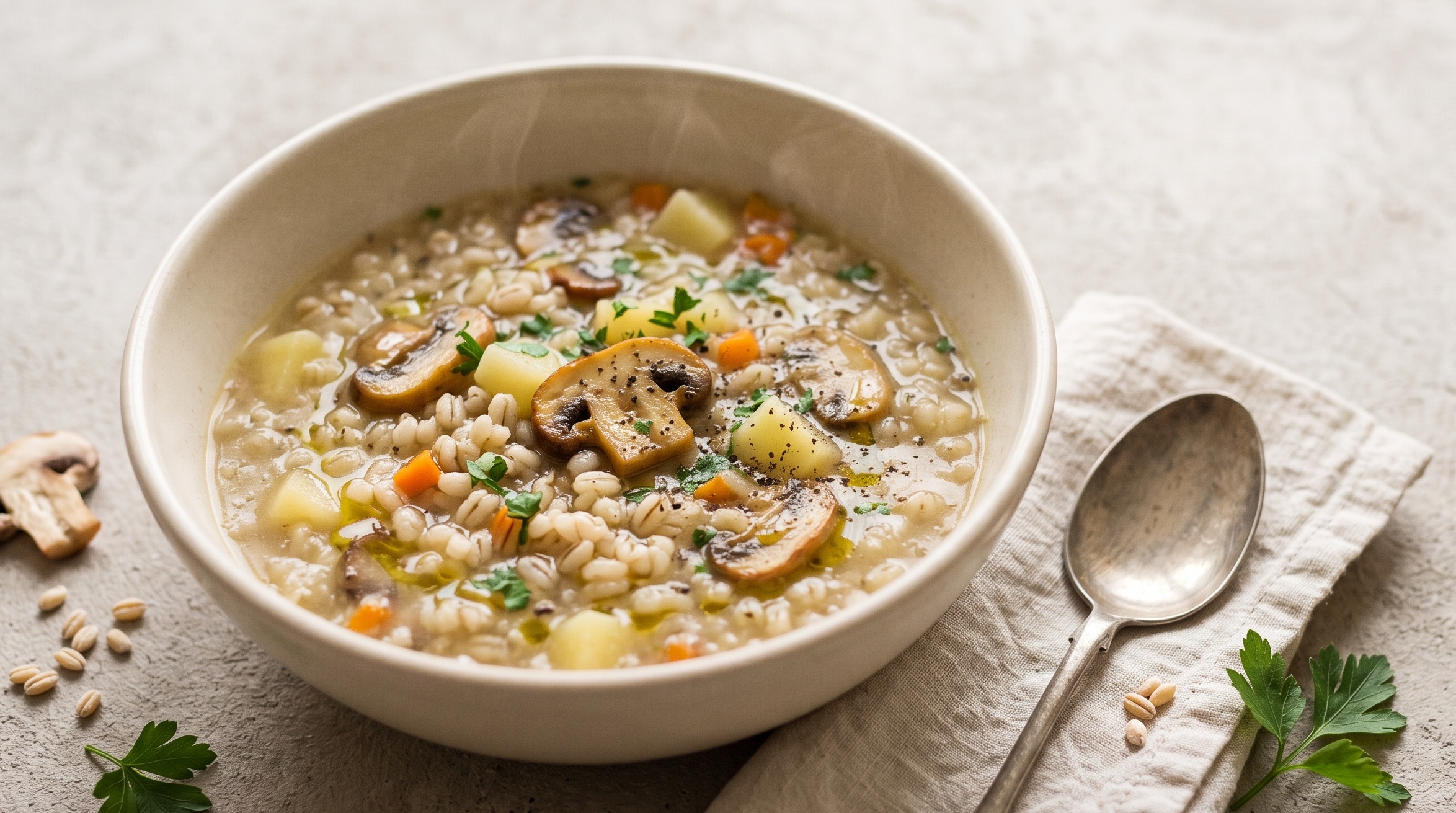 Zuppa di orzo, patate e funghi in una ciotola fumante con prezzemolo fresco