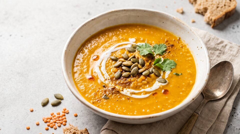 Zuppa d'oro cremosa con lenticchie e patate dolci in una ciotola, con un filo di latte di cocco