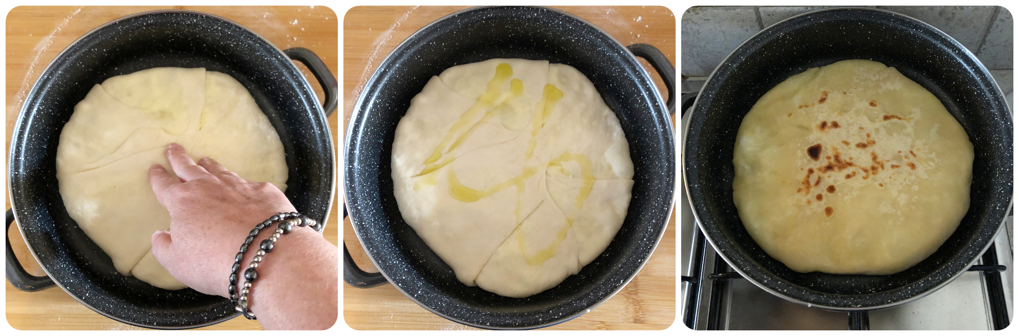 Focaccia in padella ripiena di patate e formaggio fasi