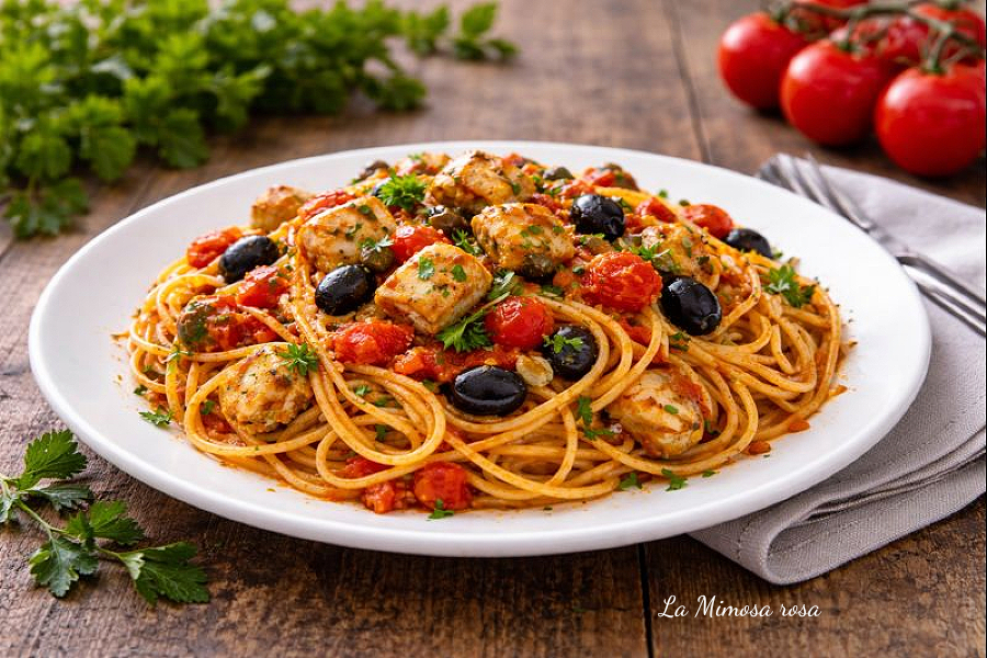 Spaghetti alla puttanesca con pesce spada deliziosi