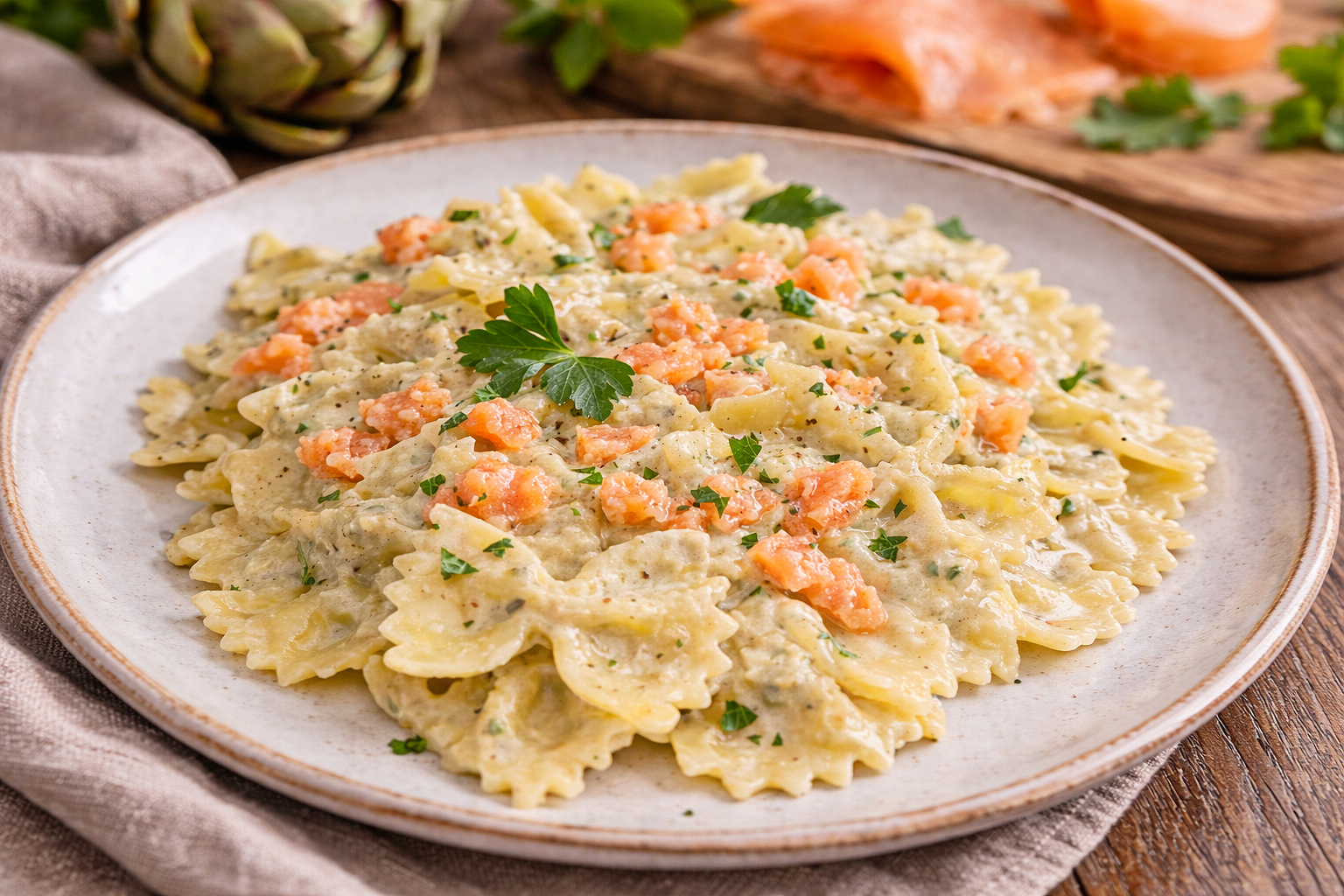 Pasta con crema di carciofi e salmone affumicato